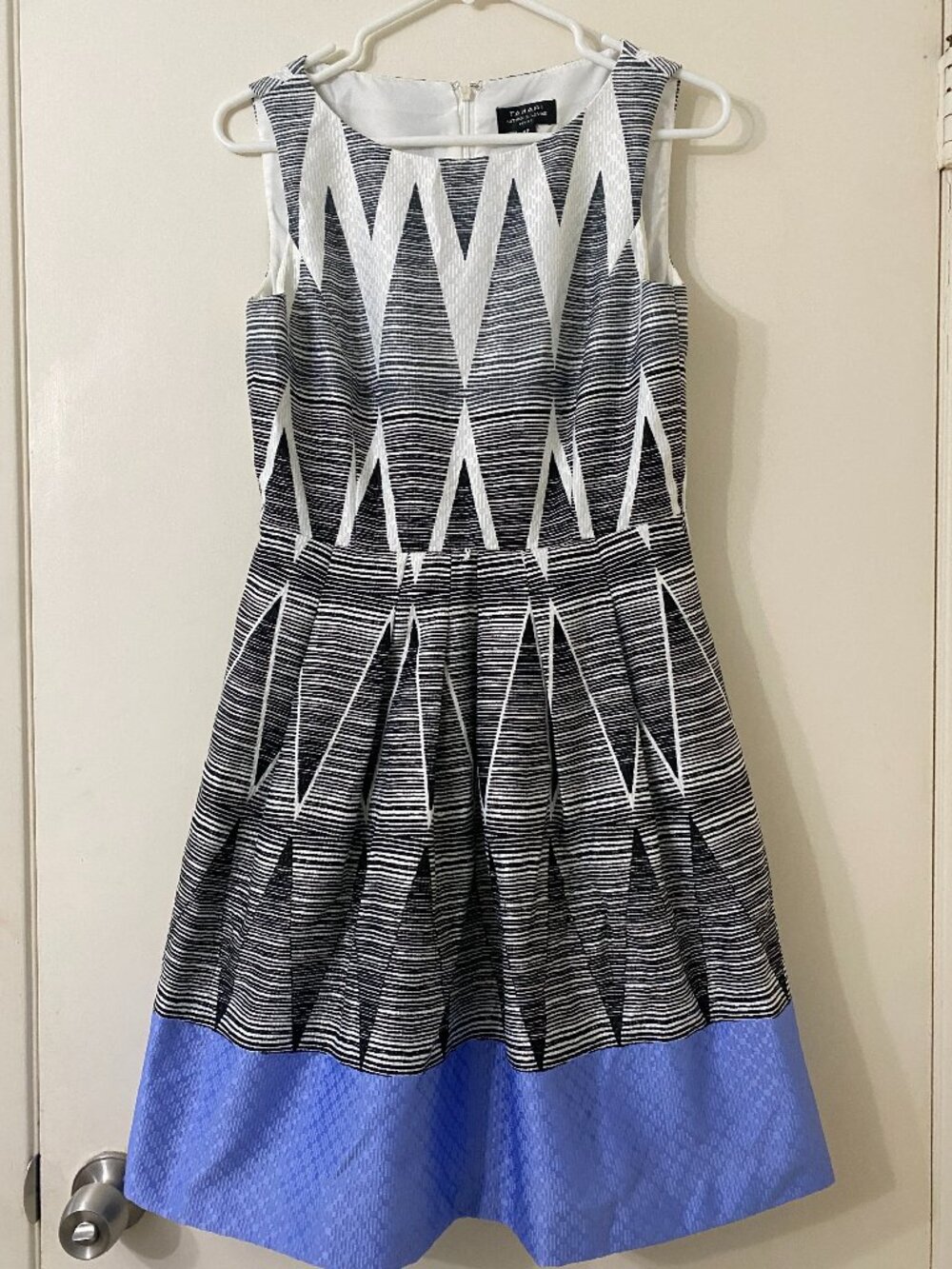 Tahari ASL Black & White Geometric Fit-and-Flare Dress with Blue Hem